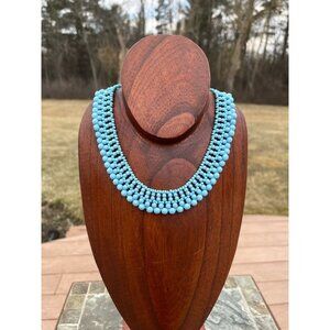 Vintage 1940's Handmade Egg Shell Blue Beaded Collar Necklace Woven Various Size
